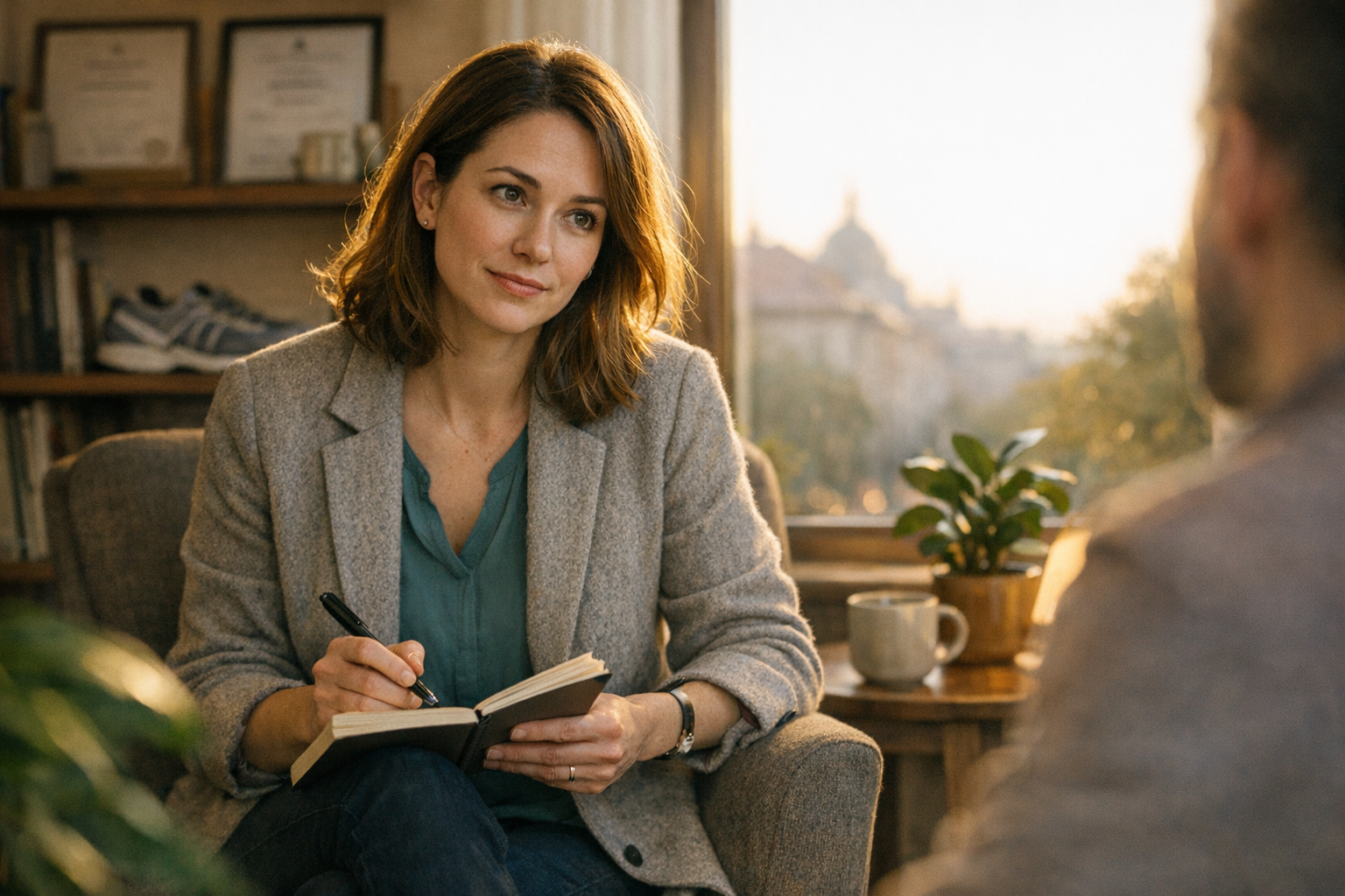 Budapesti pszichológus ül a terápiás szobában, jegyzetel, figyelmesen