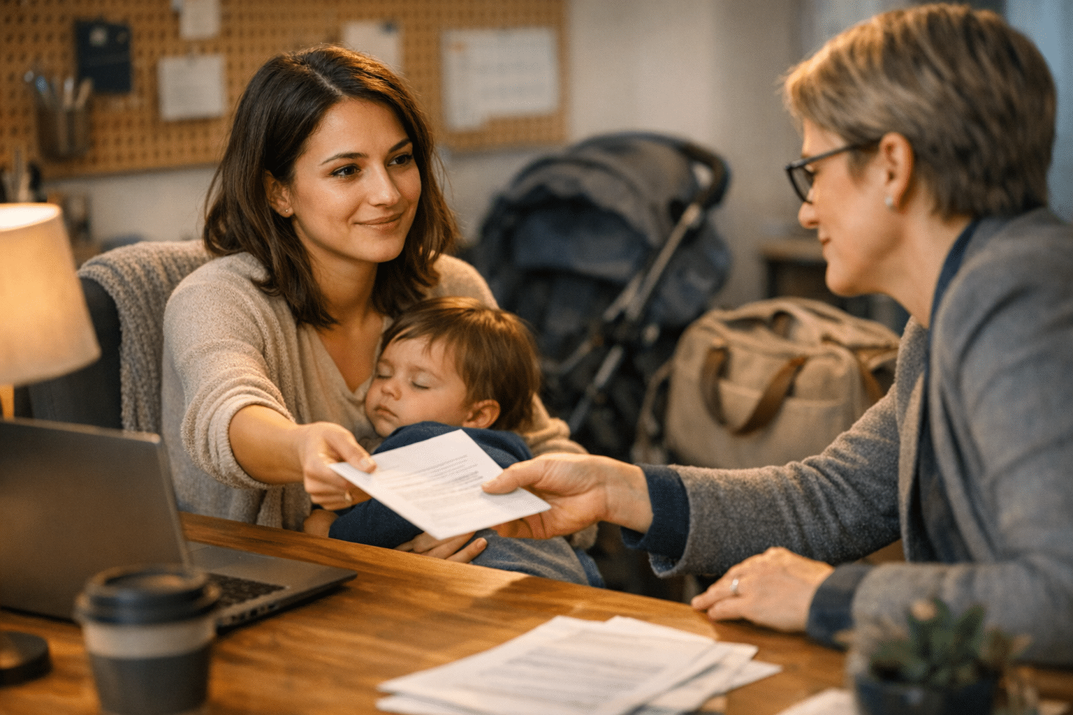 családi adókedvezmény 2026-ban: anyuka papírt ad át HR-nek gyerekével az ölében