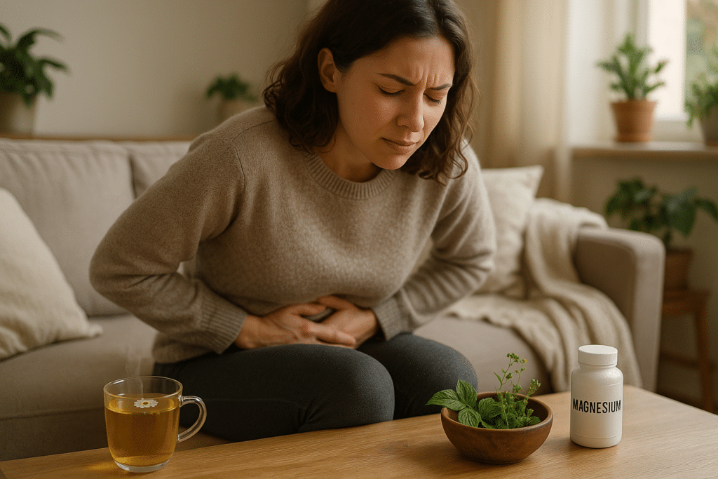 Fiatal nő erős menstruációs görcsök miatt, természetes fájdalomcsillapítók mellett.