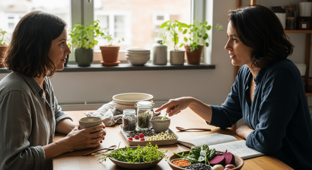 Két nő gyógynövényes tanácsadása a női ciklus természetes támogatására