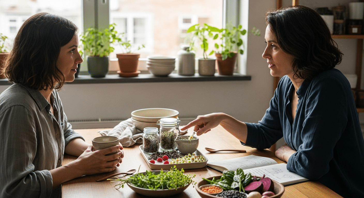 Két nő gyógynövényes tanácsadása a női ciklus természetes támogatására