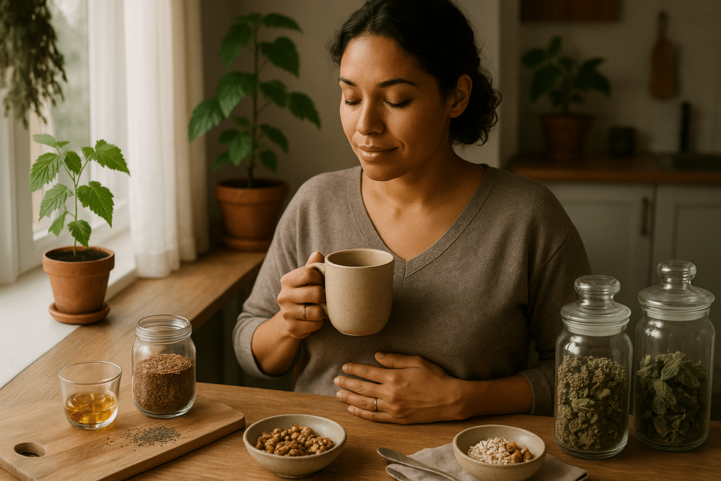 Nő napfényes konyhában teával, kezét hasán tartva, ovuláció