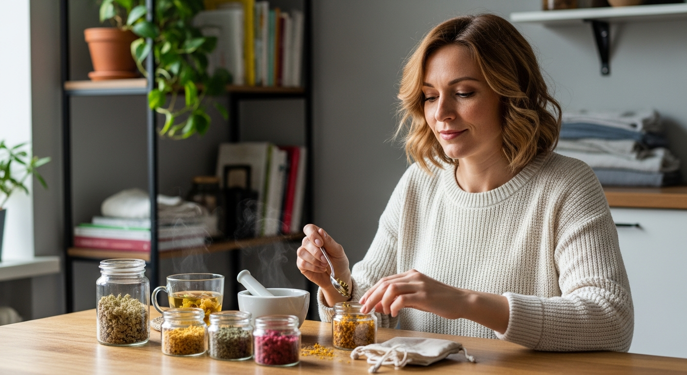 Nő gyógynövényes készletet készít hüvelyszárazság természetes támogatására.