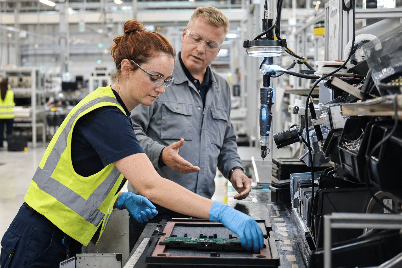 betanított munkák: nő tanul elektronikai összeszerelést gyárban