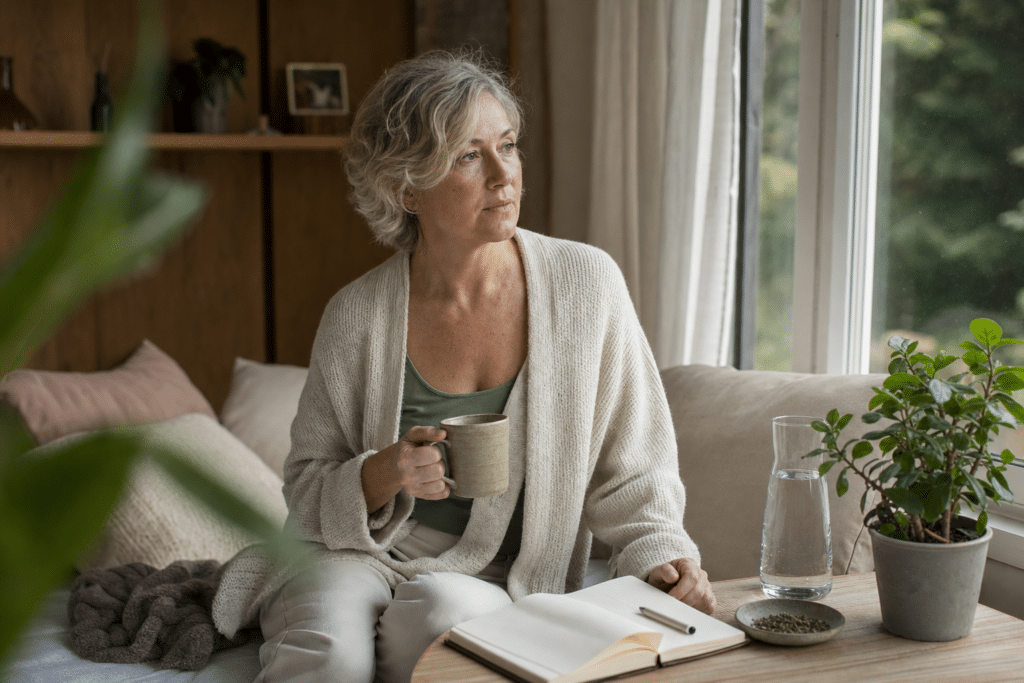 Perimenopauza tünetei: nyugodt, ezüsthajú 50-es nő meleg csészével