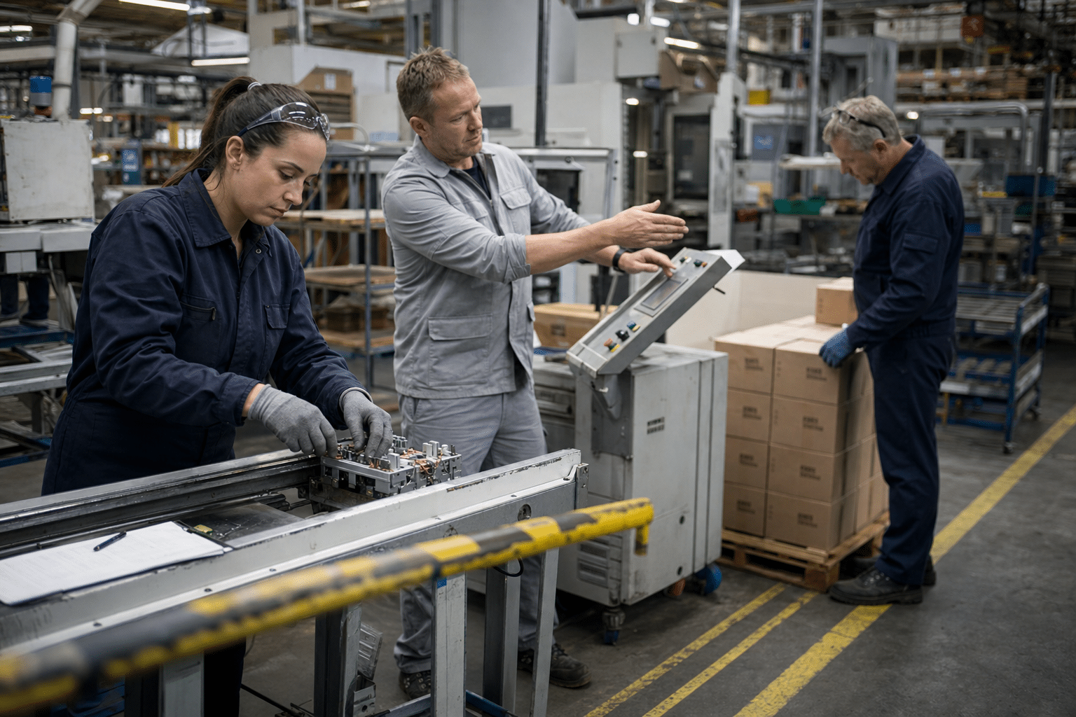 fizikai munkák: három gyári dolgozó összeszerelésnél és ellenőrzésnél